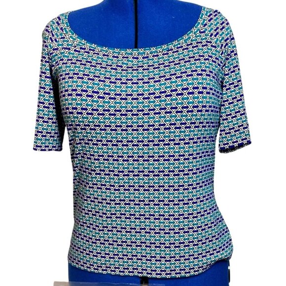 St. John Womens Geometric Print Top L Blue & Teal Rounded Neckline - Picture 1 of 6